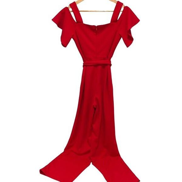 Calvin Klein Womens Cold Shoulder Flutter Sleeve Tie Belt Jumpsuit Red Size 2 - Picture 2 of 11